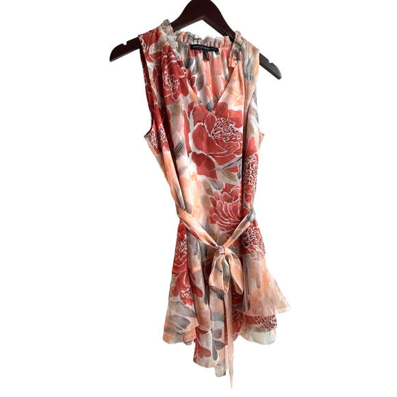 WHBM Sleeveless Floral Tie Waist Tunic Small Semi-Sheer Ruffle Salmon Pink Coral - Picture 8 of 9